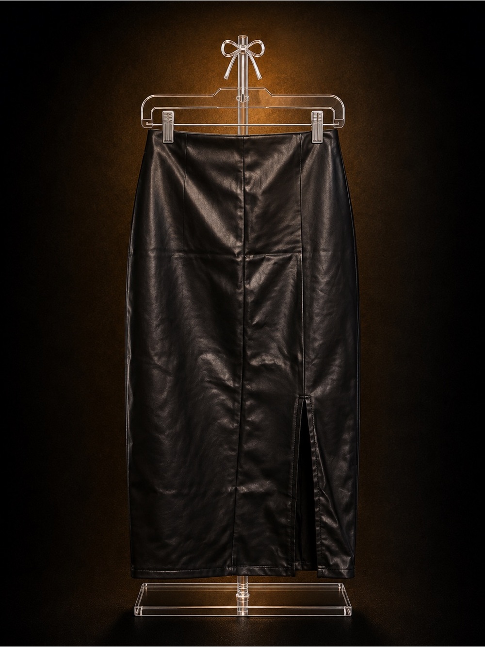 Black Faux Leather Midi Skirt with Front Slit
